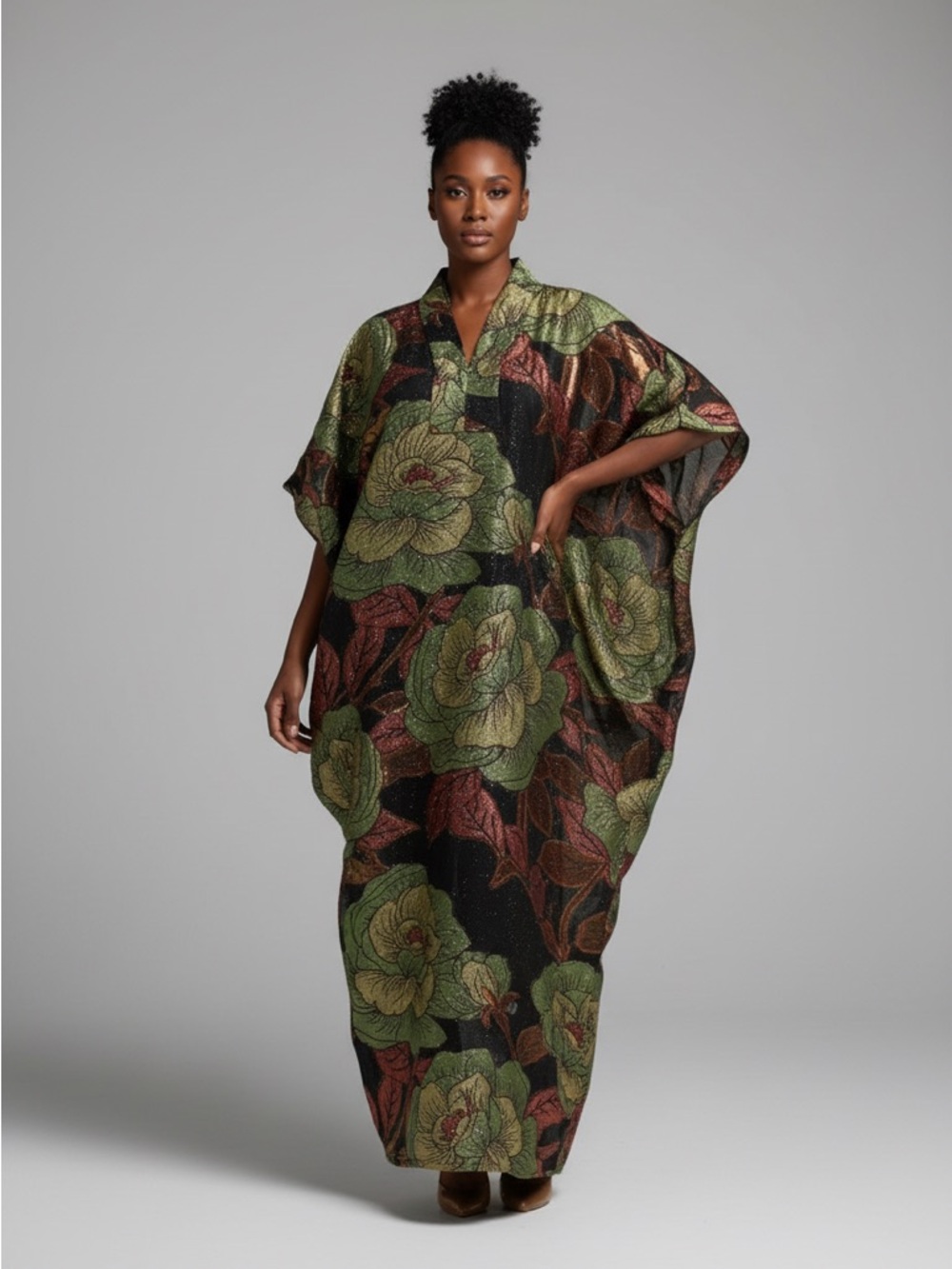 Floral Green and Black Kaftan Dress